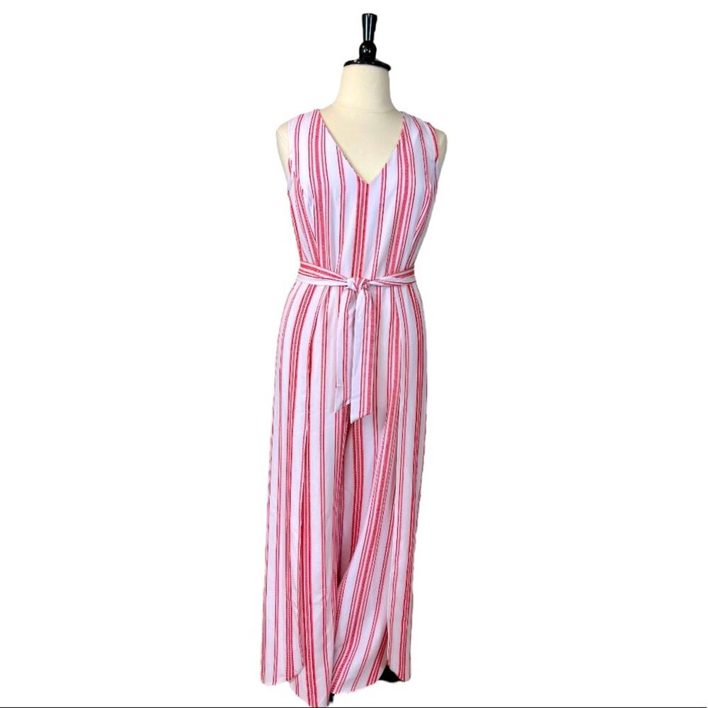 Emma & Michele Women's Jumpsuit V-neck Tie Waist White Red Stripes Size XL